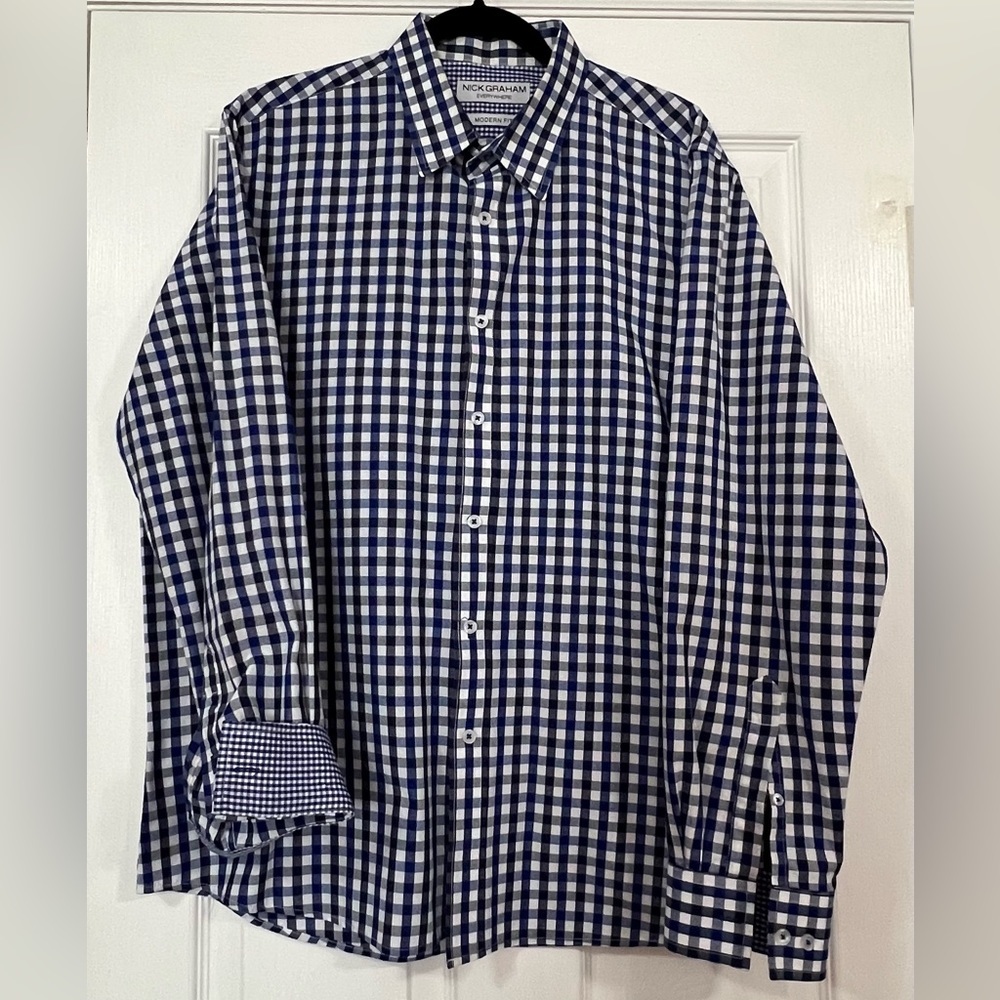 Nick Graham Everywhere Long Sleeve Shirt Blue White Check Mens Sz 17-17.5  36/37